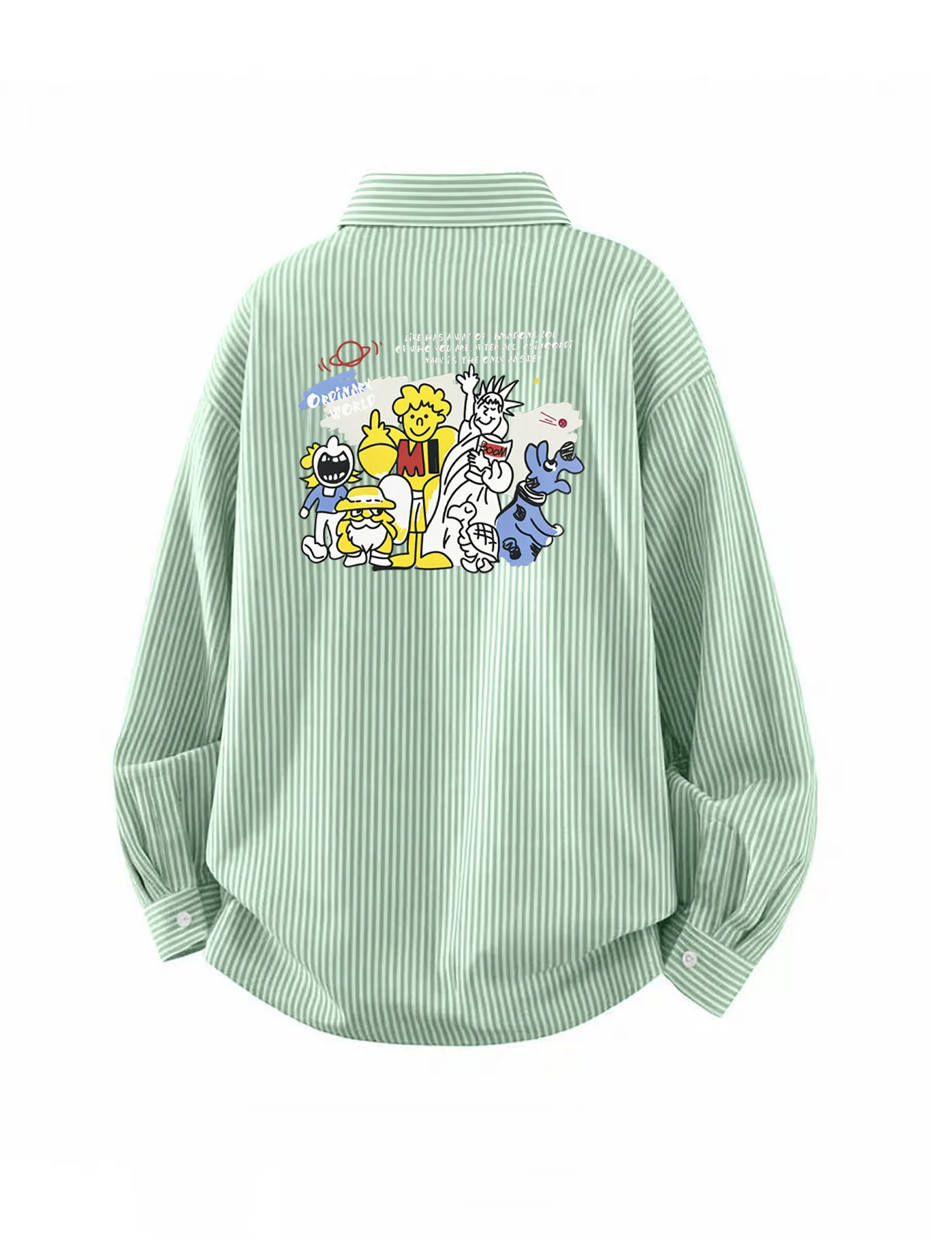 

Spring and Autumn Trendy Men's Cartoon Back Pattern Long Sleeve Striped Shirt Casual Versatile Daily Wear Shirt