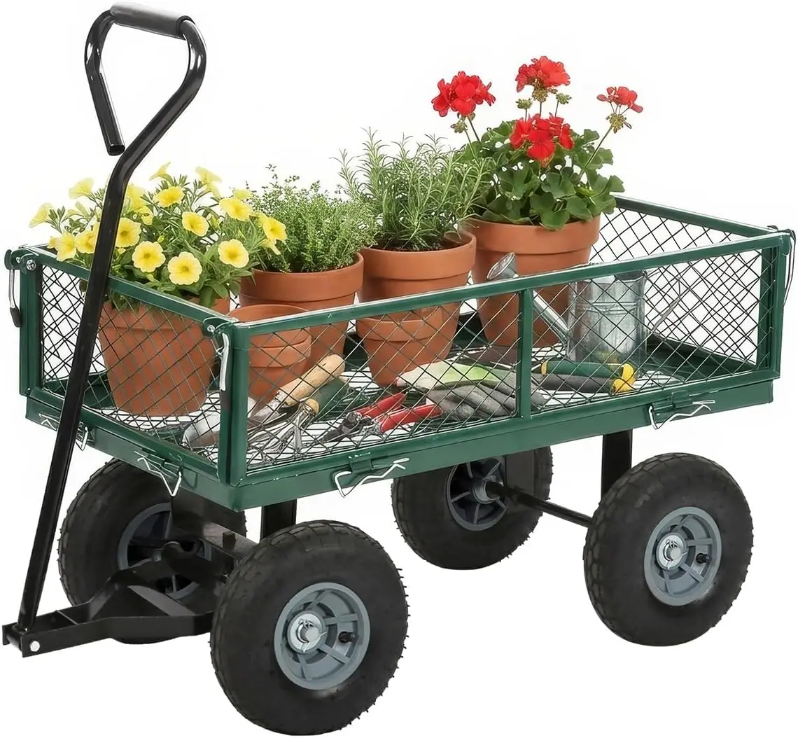 

Сверхмощная сетчатая стальная садовая тележка емкостью 500 фунтов, складная универсальная тележка со съемными сторонами для пляжного газона и двора, пейзажа (плата)