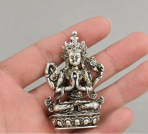 TIbet Buddhism Miao Silver 4 Arms Chenrezig Buddha Avalokiteshvara Statue