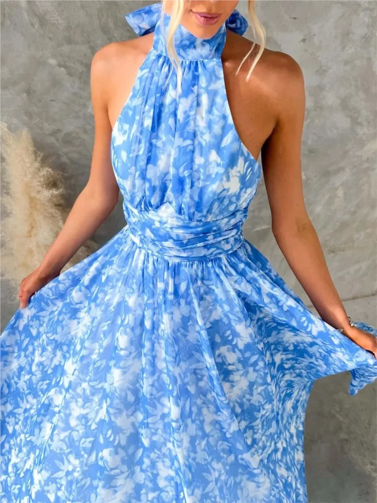 فستان نسائي صيفي جديد غير رسمي على طراز المنتجع موضة مطبوعة بدون أكمام وياقة رسن مثير بدون ظهر بقصة ضيقة فستان بحاشية متدفقة #6