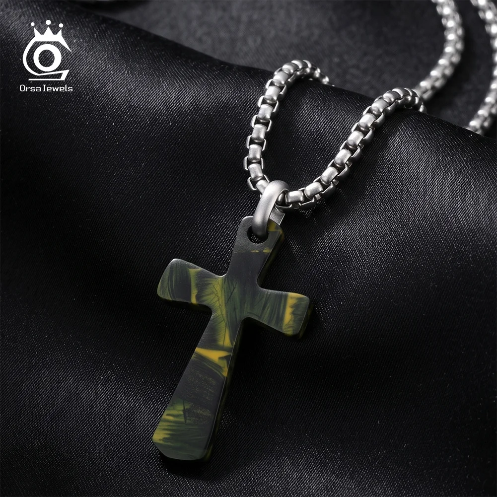 ORSA JEWELS 316 Stainless Steel Camouflage Cross Christian Faith Pendant Necklace for Men Religious Statement Jewelry HTNN09