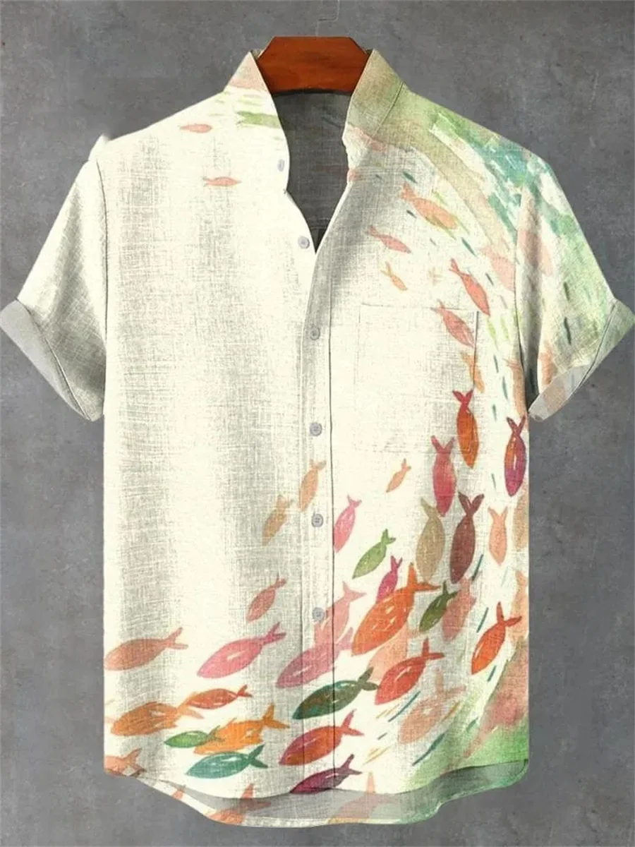 2025 new fashion short-sleeved shirt, made of comfortable and breathable fabric, new linen stand-up collar with fish print