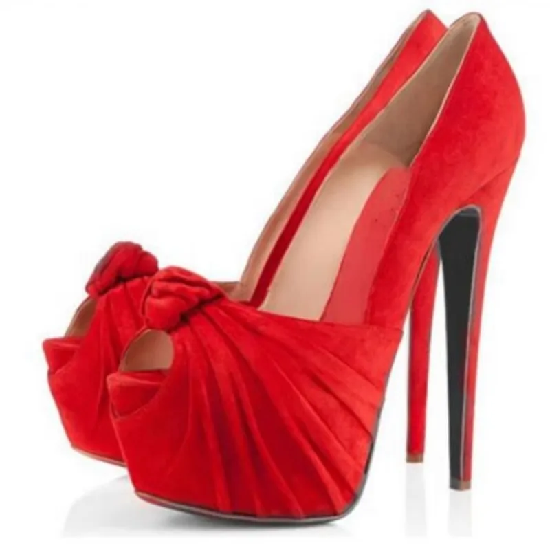 

DIZHUANG Sexy women's high heels. Red suede Peep toe shoes. About 15cm heel height. Bow shaped shallow mouth shoes. Fashion show