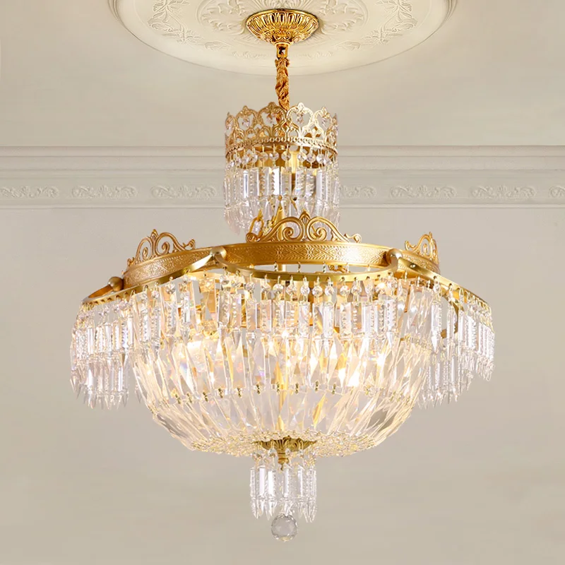 

European Brass Hanging Pendant Light Living Dinning Room Bedroom French Luxury Copper Crystal Chandelier Lamp