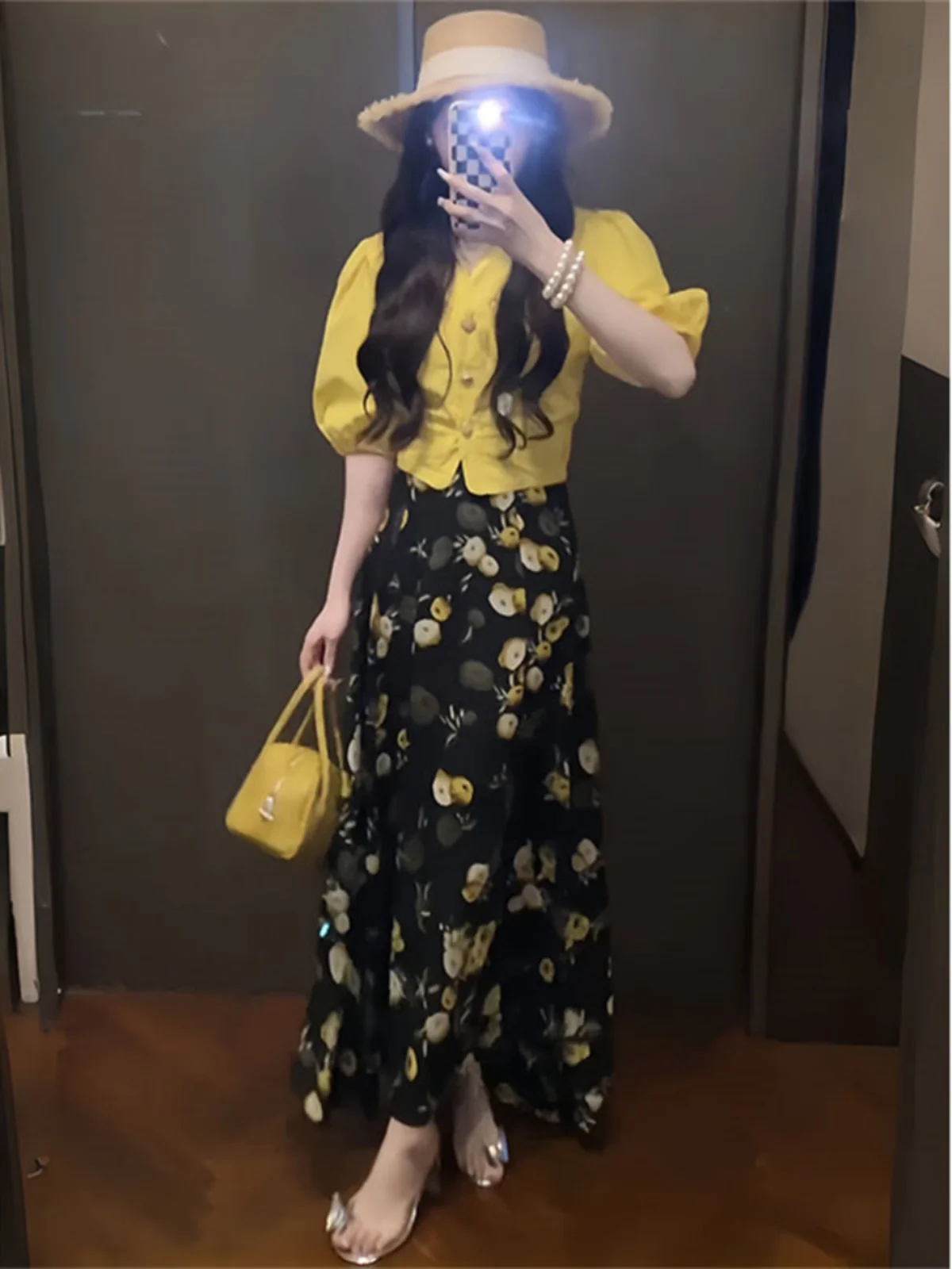 Summer Floral Print Shirt And Skirt Set Women's Fashionable Vacation Style Two-Piece Suit Polyester Fiber Short Sleeve Button up