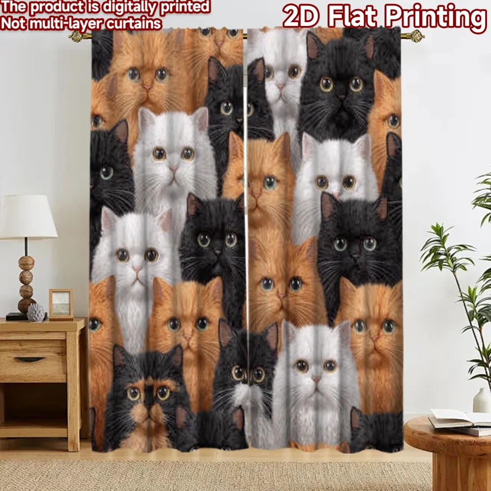 2D flat 2pcs Curtain Modern Minimalist Style Curtains Black White Orange Cats Digitally printed polyester Party & Holiday Decor