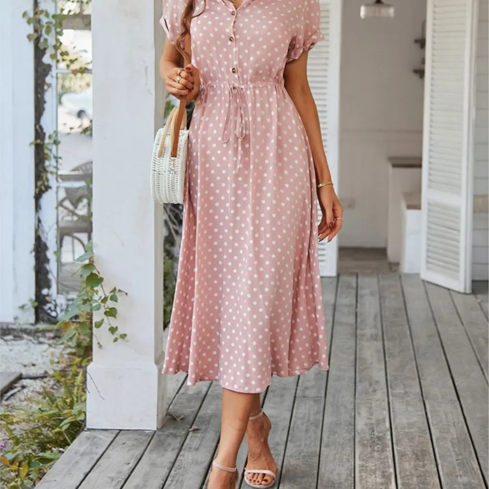 VOLALO Ladies Polka Dot Print Shirt Dress Women Casual Midi Holiday Summer Dress Female Loose Beach Dress Sundress Robe Vestidos