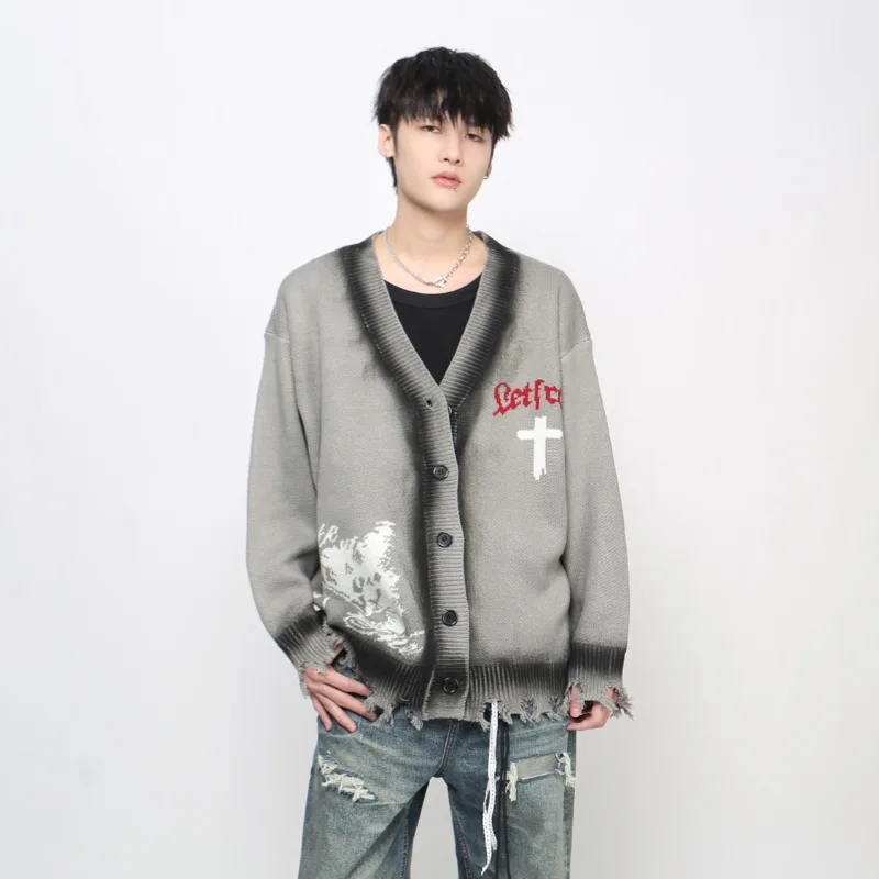 MWJLPWQ American High Street Design Sprühfarbe Herrenpullover Trendy Einreiher Casual Paar Lazy Style Strickoberteile 21116