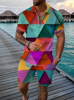 Set di tute da uomo con stampa 3D modello quadrati di colore set di Polo e pantaloncini con cerniera Casual 2 pezzi set Trend Streetwear abbigliamento uomo