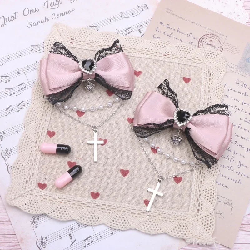 

Милая японская крутая кружевная цепочка с бантом, подвеска в виде креста и короны, пара заколок для волос для девочек, женские заколки в стиле Лолиты с небольшим боковым зажимом