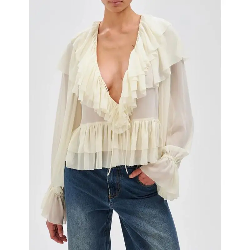 

Combhasaki Женская шикарная однотонная прозрачная блузка с глубоким v-образным вырезом и длинным рукавом, многослойная рубашка с рюшами, повседневный укороченный топ на выход, уличная одежда