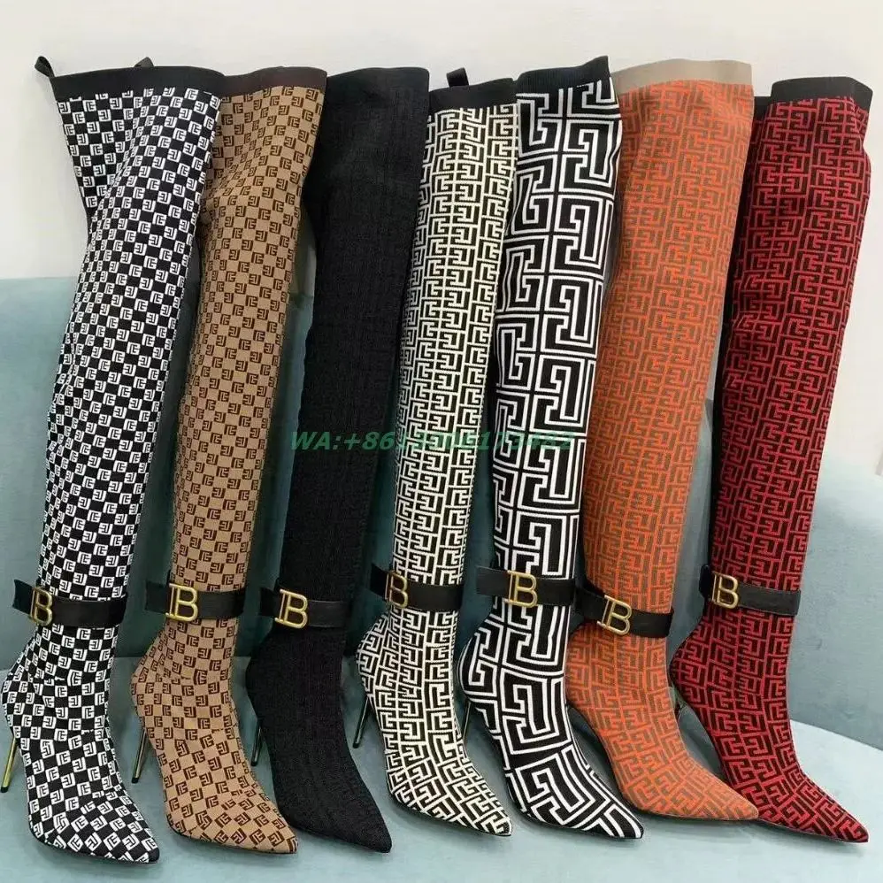 design high quality women Printed totem knitted stretch over-the-knee boots high heel pointy thigh high women Knitted boots