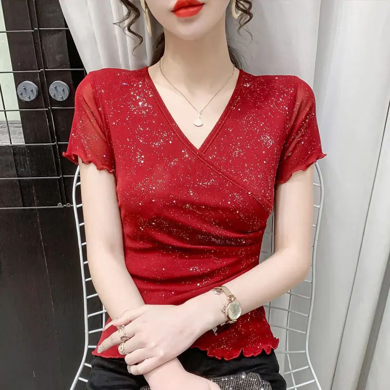 

Net Yarn Pleated Slim T Shirts Summer New Short Sleeve V Neck Simplicity Elegant Tops Tees Temperament Fashion Women Clothing