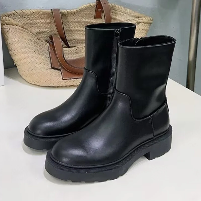 Patent Leather Thick Heels Short Boots Women Side Zipper Design Solid Color Ankle Botas  Autumn Winter Versatile Riding Boots