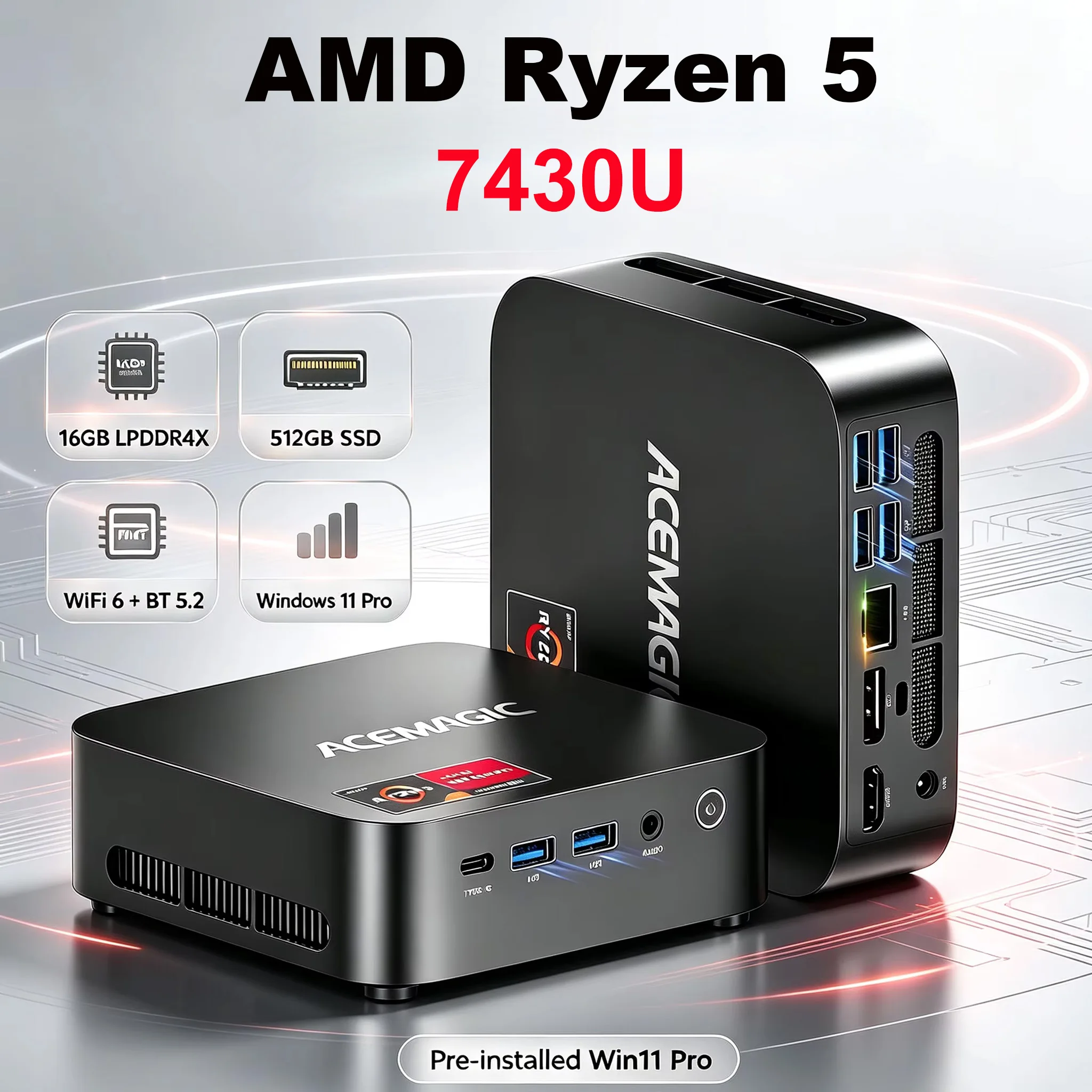미니 PC AMD R5 7430U 16GB LPDDR4X 512GB M.2 SSD 윈도우11프로 WiFi 트리플 4K 디스플레이 데스크탑 컴퓨터 사무용 및 가벼운 게임용