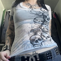 Graphic Tie Dye V Neck Crop Tops Y2K E-girl Gothic Grunge Skull Print Tshirt 2000s Retro Emo Short Sleeve Slim Fit Tees Clothes