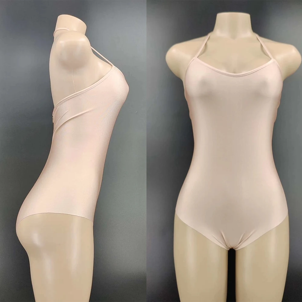 Sólido nude sem costas macacão apertado estiramento bodysuit feminino alta fenda saia base noite formatura outfit trajes boate