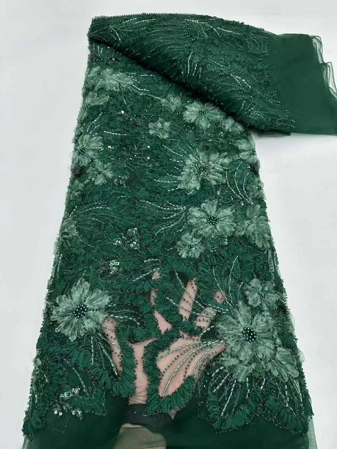 Luxury 5 Yards 2026 High Quality French Heavy Net Sequin Fabric Beaded 3D Lace African Nigerian For Wedding Fabric