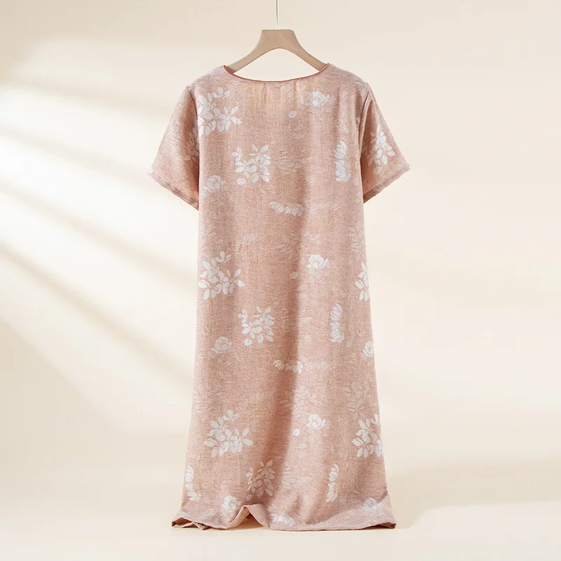2026 New Summer Women's Sleeping Skirt 100%Cotton Double Layer Gauze Jacquard National Style Long Skirt Large Short Sleeve Dress