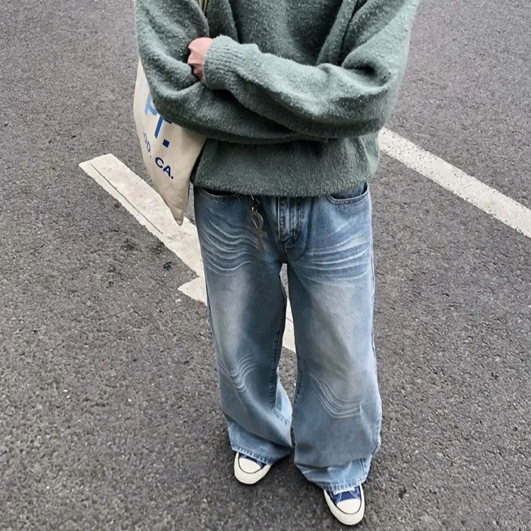 Firmranch Ice Blue Washed Jeans Messy Cat Whiskers Baggy Retro Casual Jeans For Men Women Couple Loose Straight Denim Pants