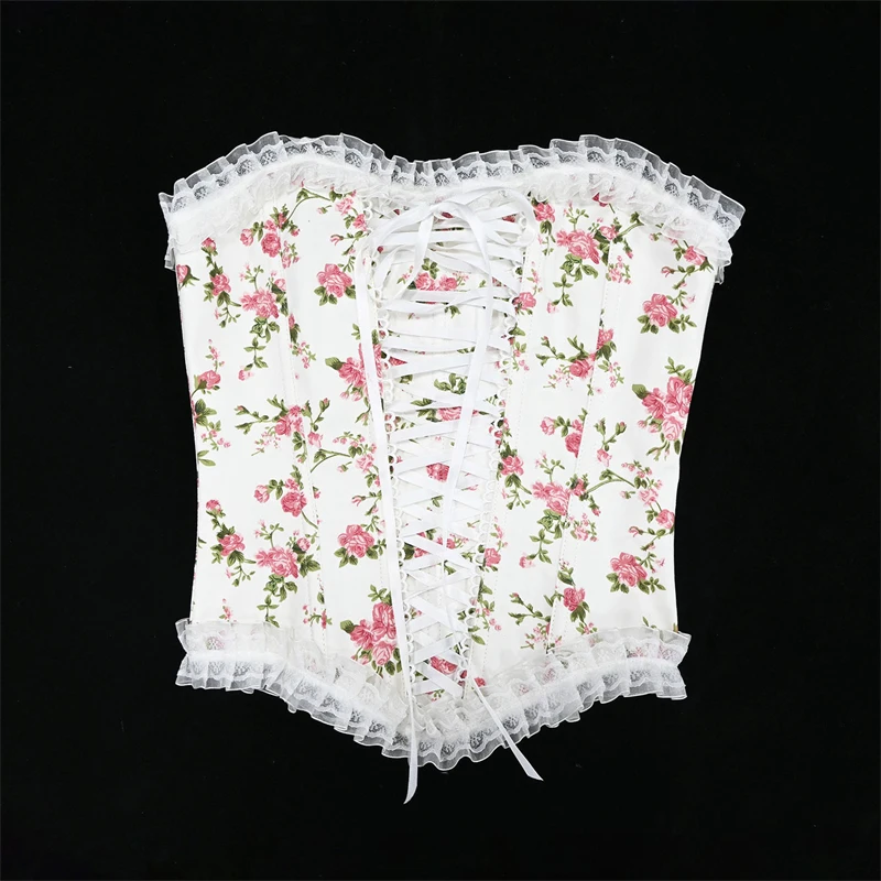 

Sexy Lace Overbust Corset Top Women Vintage Floral Printed Bow Bustier Lingerie With Plus Size Body Shaper Burlesque Corsets