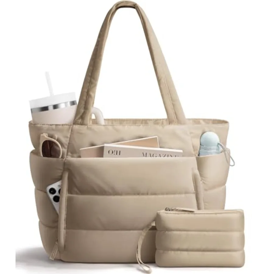 

Puffer Tote Bag for Women Lightweight Puffy Work Handbag Teacher Nurse Quilted Shoulder Bag for School Travel Gym Cloud Bag w/