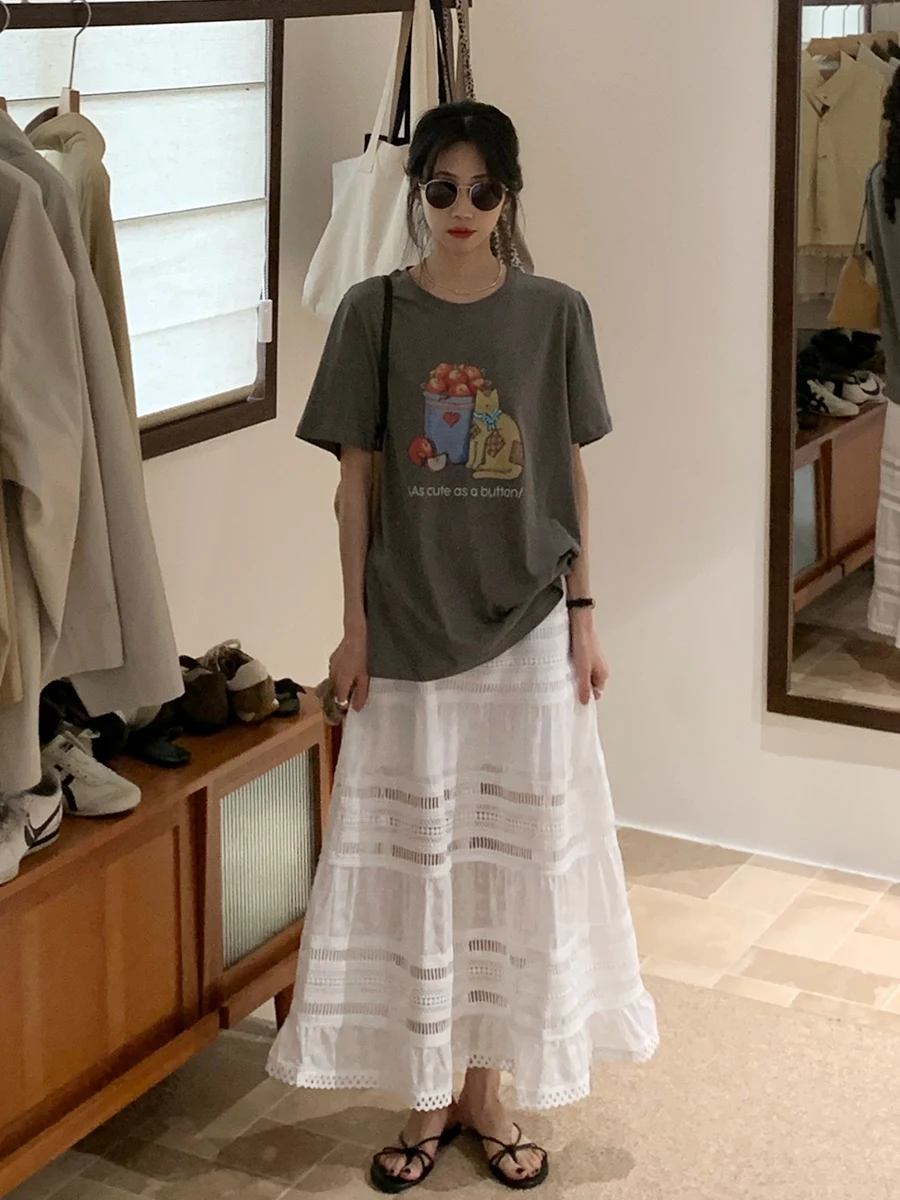 BRIVIN Korean Style White Heavy Embellished Lace Cake Skirt Women's Mid-Length Gentle Ruffle High Waist A-Line Skirt