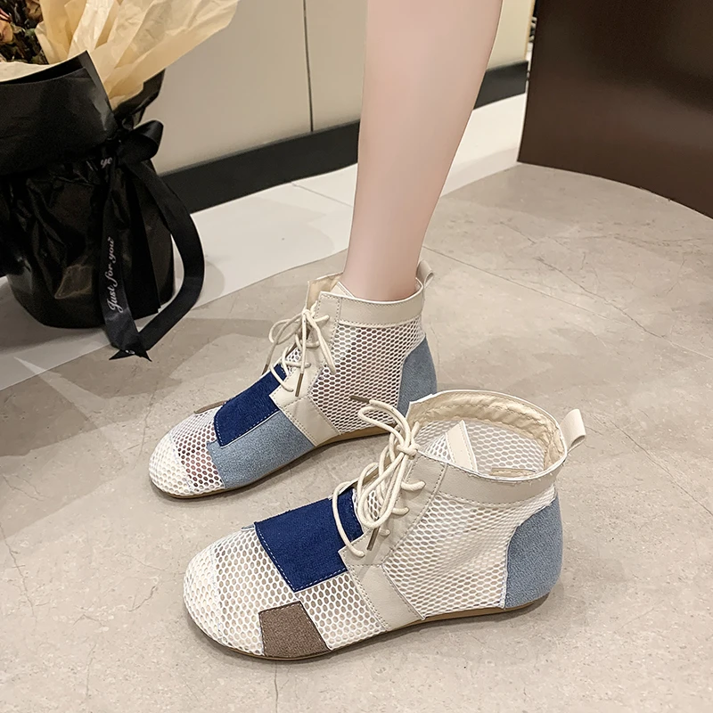 Summer Mesh Surface Women Sandals Fashion Cool Boots Color Blocking Tie Shoes for Women Luxury Designer Sandals