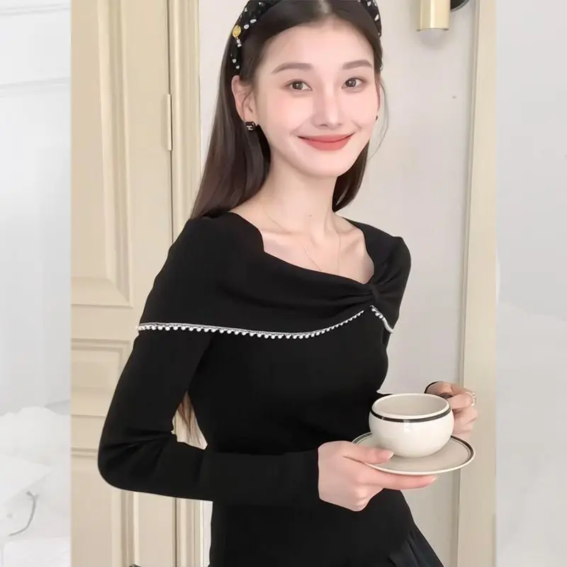 Women's Pink Bow Off Shoulder Long Sleeve Knit Sweater Slim Fit Stretchy Tops Casual Winter Pullover Sexy Basic Blouse