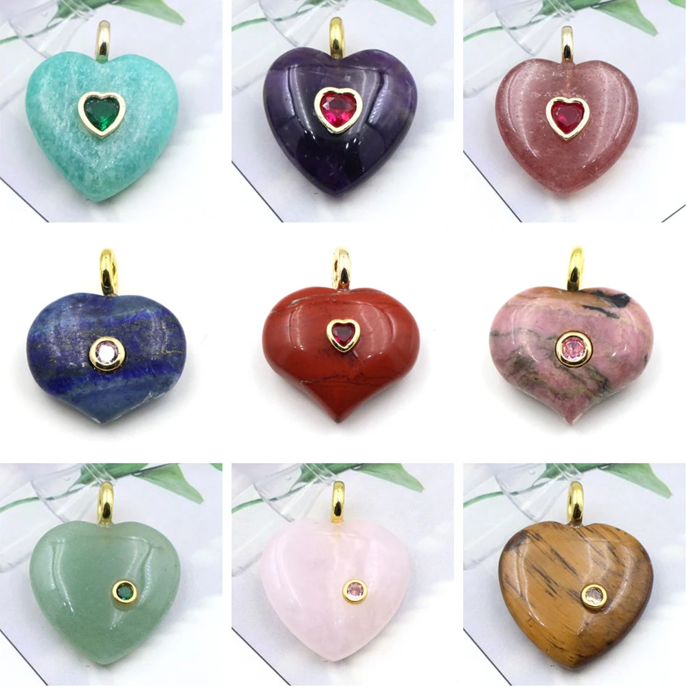 Wholesale Natural Stone Pendants Love Heart With Inlaid Colorful Zircon Charms DIY Jewelry Making Necklaces Valentine's Day Gift