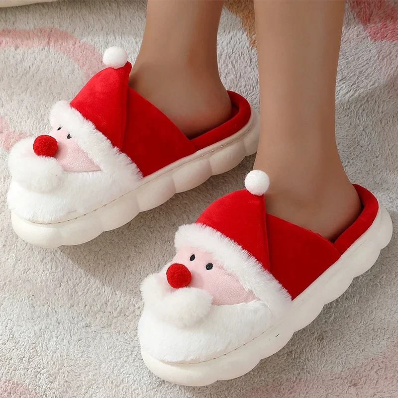 Zapatillas de piel de Papá Noel de dibujos animados para mujer, zapatillas de algodón antideslizantes de estilo navideño para el hogar, chanclas de algodón de suela blanda para interiores para mujer