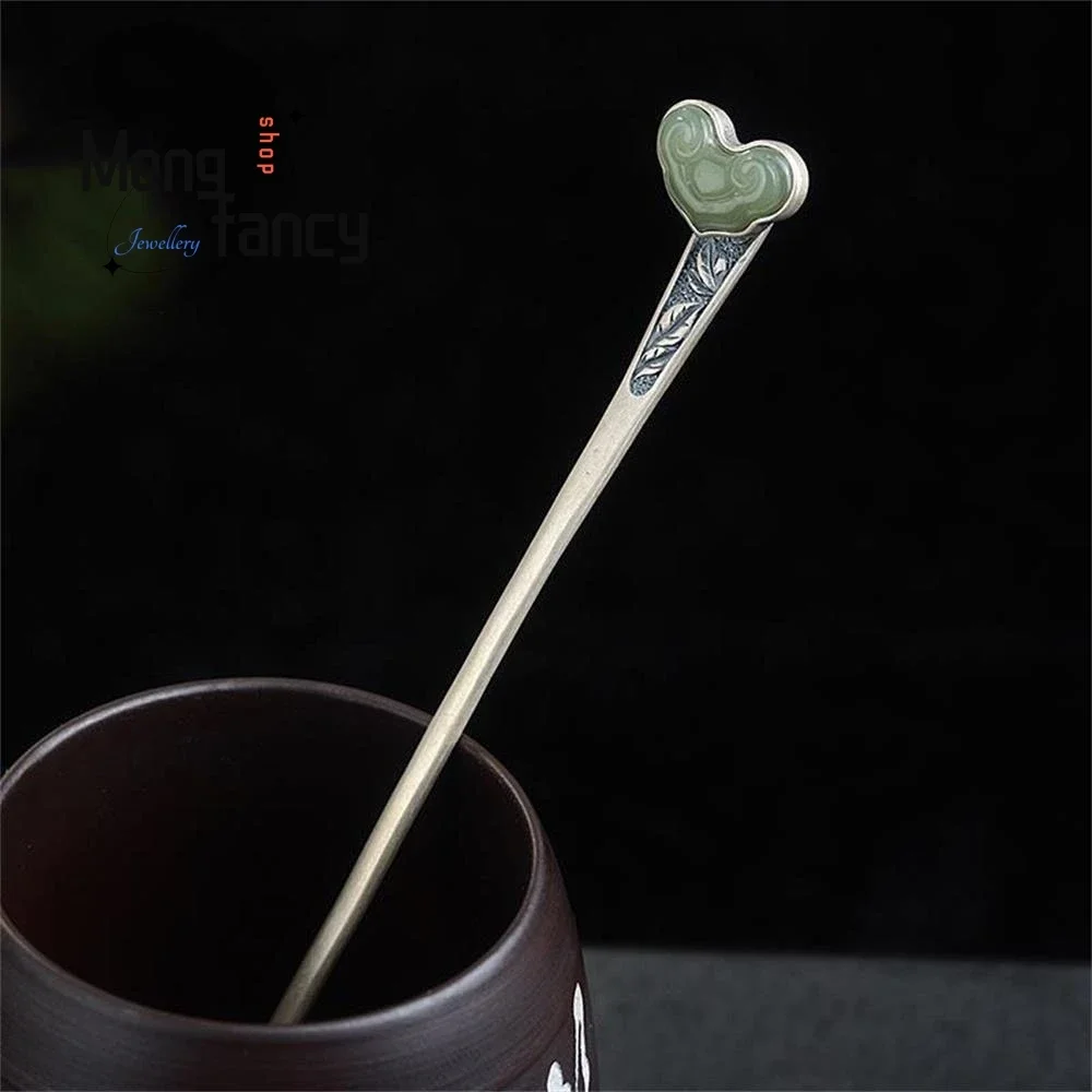 

Vintage Ethnic Style Ruyi Hairpin Female Silver-plated Classical Hetian Jade Heart Shape Elegant Headgear Luxury Fashion Jewelry