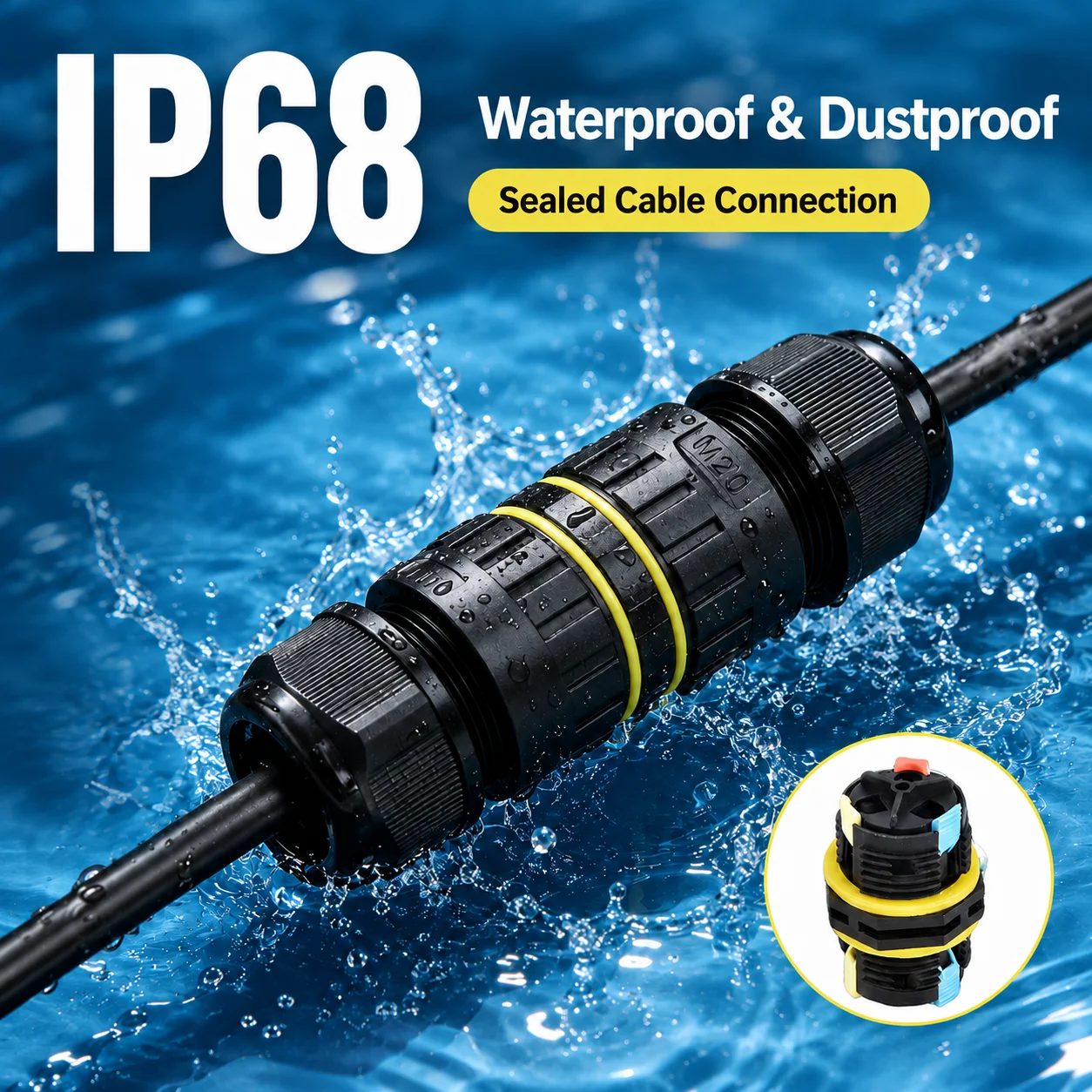 Electrical Cable Connector M20 IP68 Waterproof Inline Wire Connector Screwless Push In Cable Splice for Outdoor LED Lighting