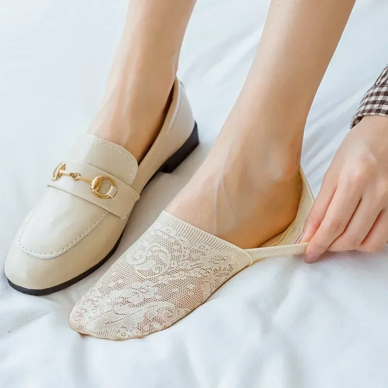 Cut Flower Sox Boat Female Sexy Ice Ankle Lace Summer Sock Invisible Women Low Socks 5pairs Silk Breathable Anti-slip