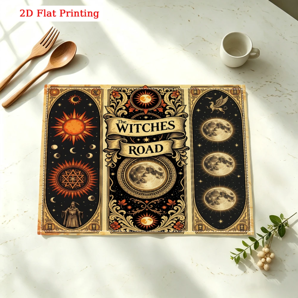 Witches Road Moon Sun Stars Kitchen Placemat Coaster Linen Pad Dish Coffee Cup Table Mat 30x40cm Home Decor
