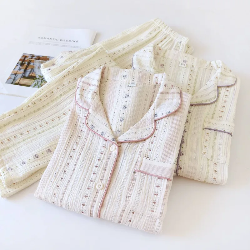 

2026 New Spring and Autumn Women's Pajama Set 100% Cotton Crepe Long Sleeve Pants with Collar Sweet Printed Home Clothes