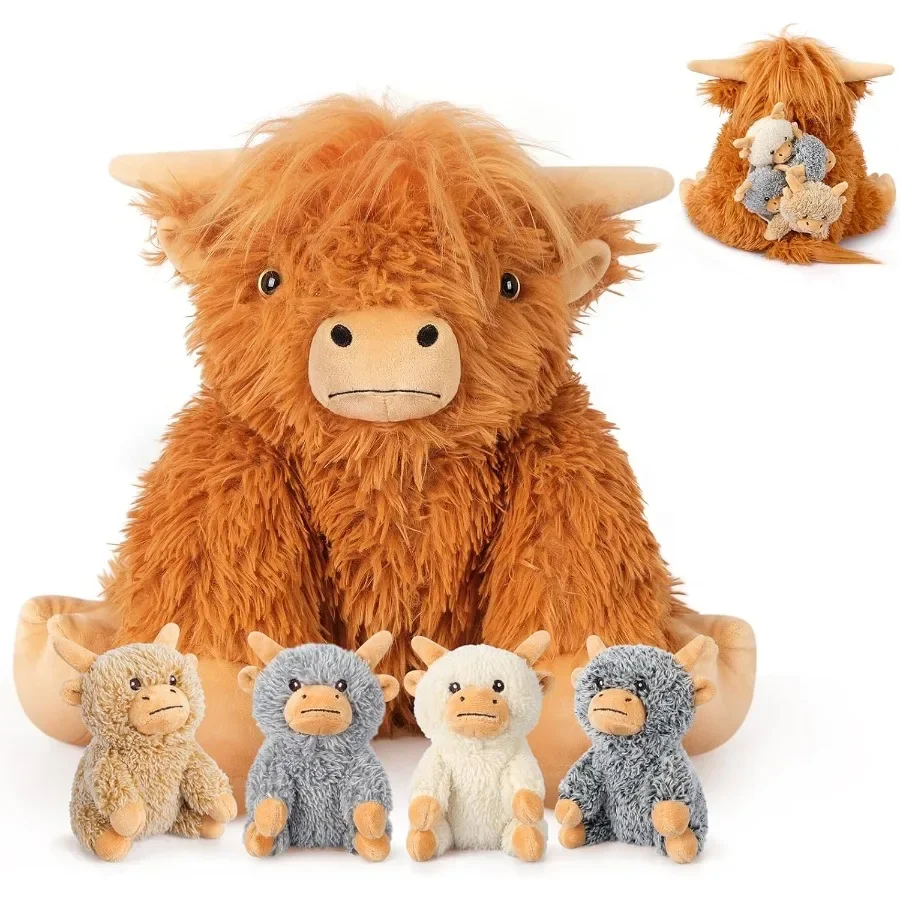 

5-in-1 Highland Cow Stuffed Animals with Babies Inside 5PC Set Soft Plush Mommy 4 Babies Cute Pillow Decor for Girls 3 to 8 Yea