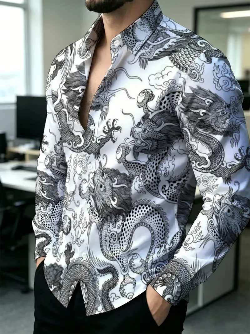 New Purple Orange Baroque Curly Grass Vortex Vine Printed Long Sleeve Shirt Matte Smooth Satin Collar Men's Top