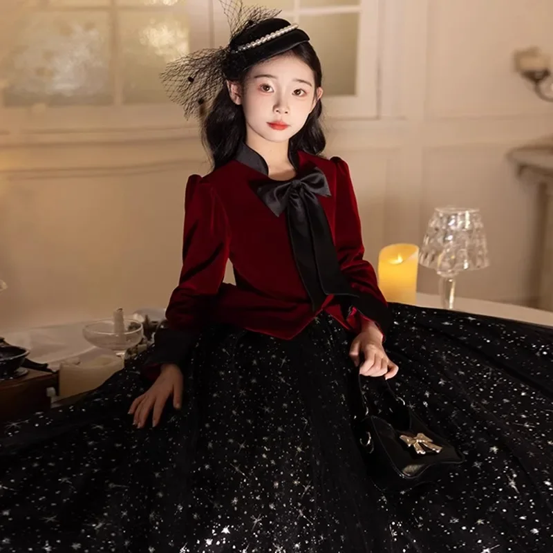 2025 Long-Sleeved Princess Dress Velvet Girls Children's Birthday Piano Performance Host Children's Dresses Costume Vestidos