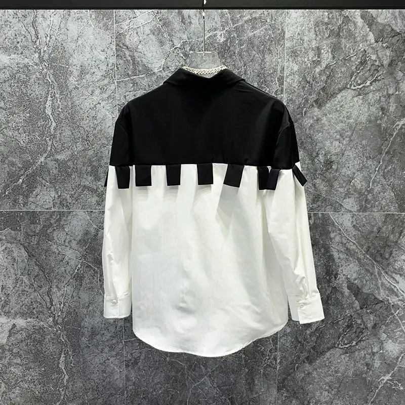 New Spring and Autumn Color Contrast Splicing Design Shirt for Men Trendy Fashionable Casual Collar Loose Long Sleeve Shirt