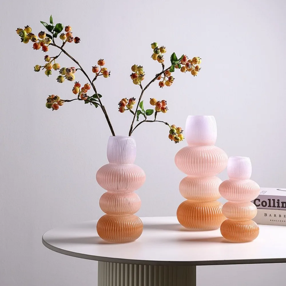 Modern Stacked Bubble Glass Vase Gradient Color Vertical Striped Floral Container for Tabletop Home Decoration