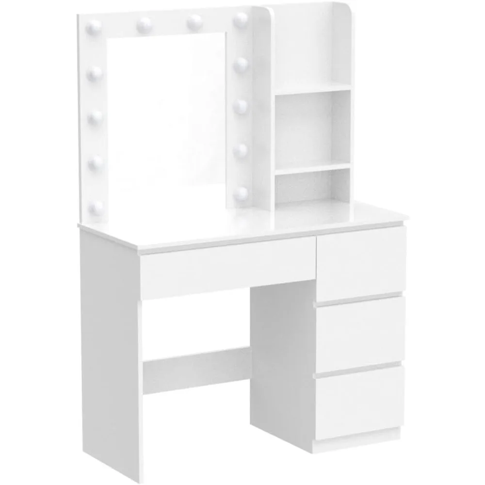 Vaidade de maquiagem com luzes, mesa de vaidade de 37 polegadas, cômoda de 4 gavetas grandes com espelho iluminado