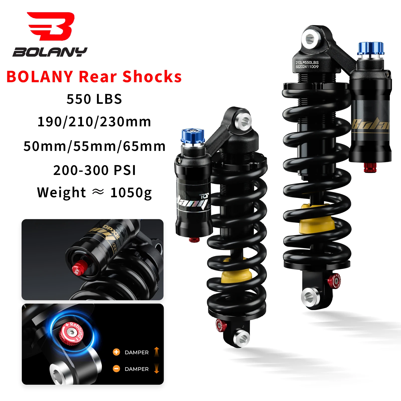 BOLANY Mountain Bike Rear Absorber 550lbs Spring Suspension Motorcycle Shock DH MTB Bicycle Rear Shock 190/210/230mm Bike Parts