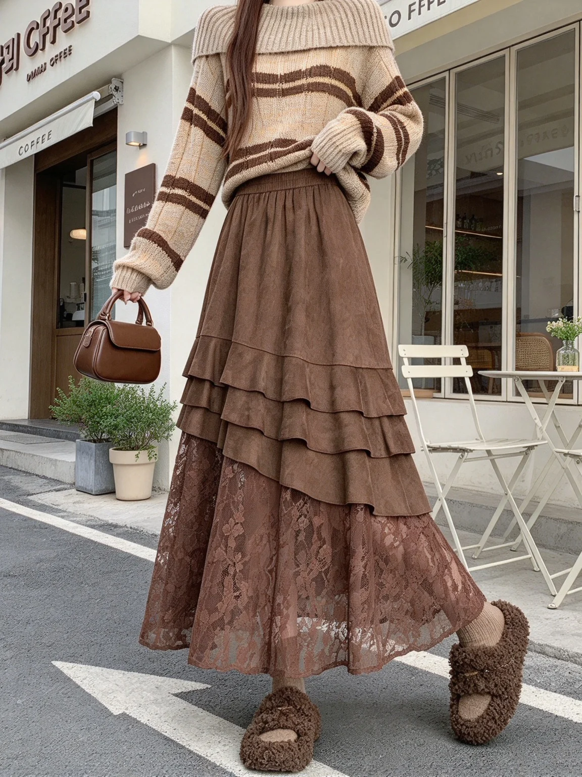 Irregular Lace Trim Deer Skin Velvet Half Skirt Women's Autumn Winter New Style Meral Design Long Skirt with Inner 