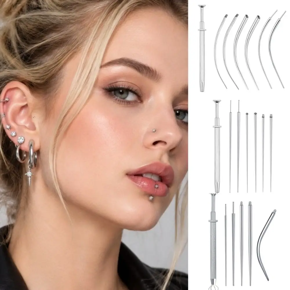 6/7pcs Stainless Steel Piercing Taper Tool Earring Applicator Earring Tool Earring Applicator Piercing Kit Straight/Curved Pole