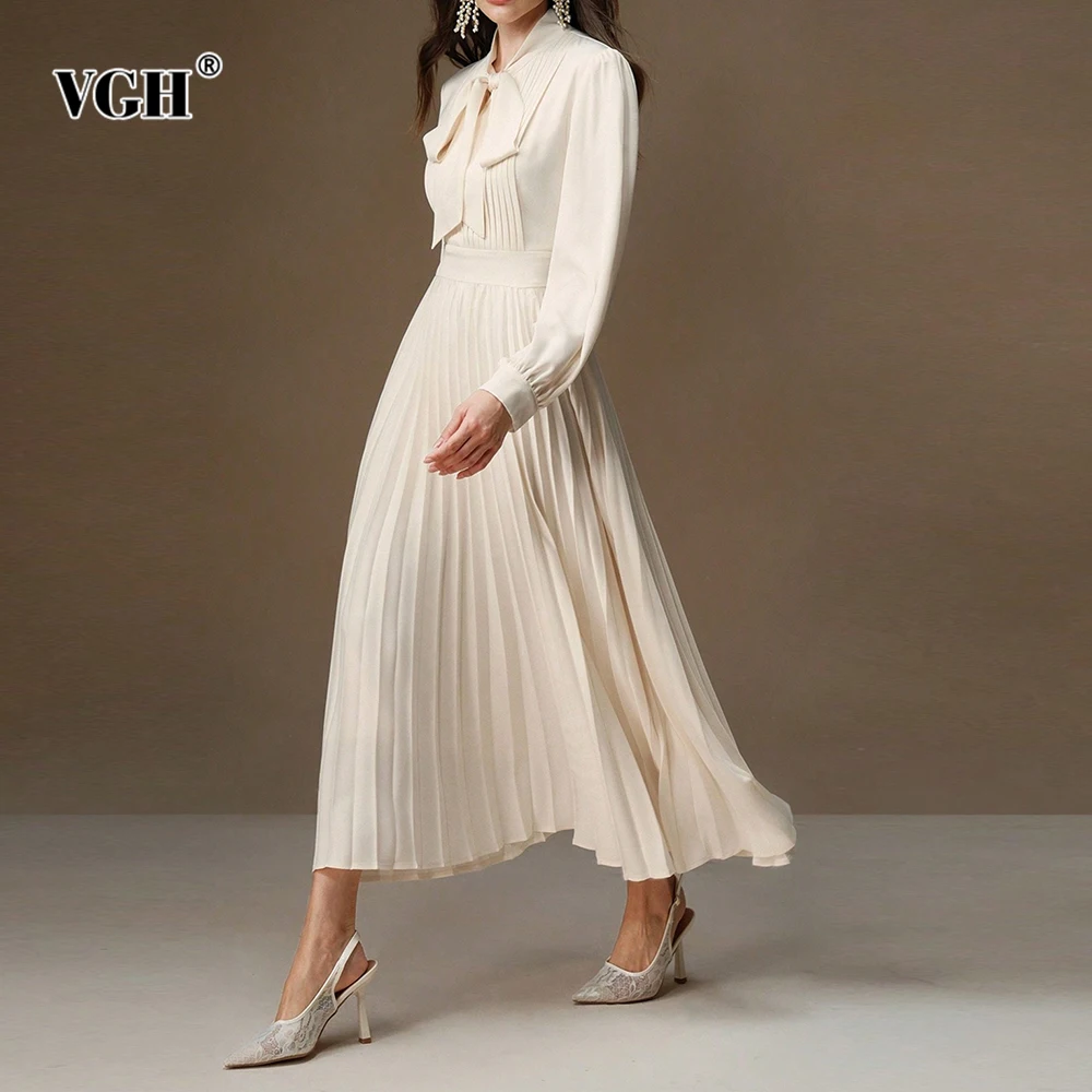 

VGH Temperament Solid Slim Draped Dresses For Women Round Neck Long Sleeve High Waist Autumn Casual Dress Female Fashion Style