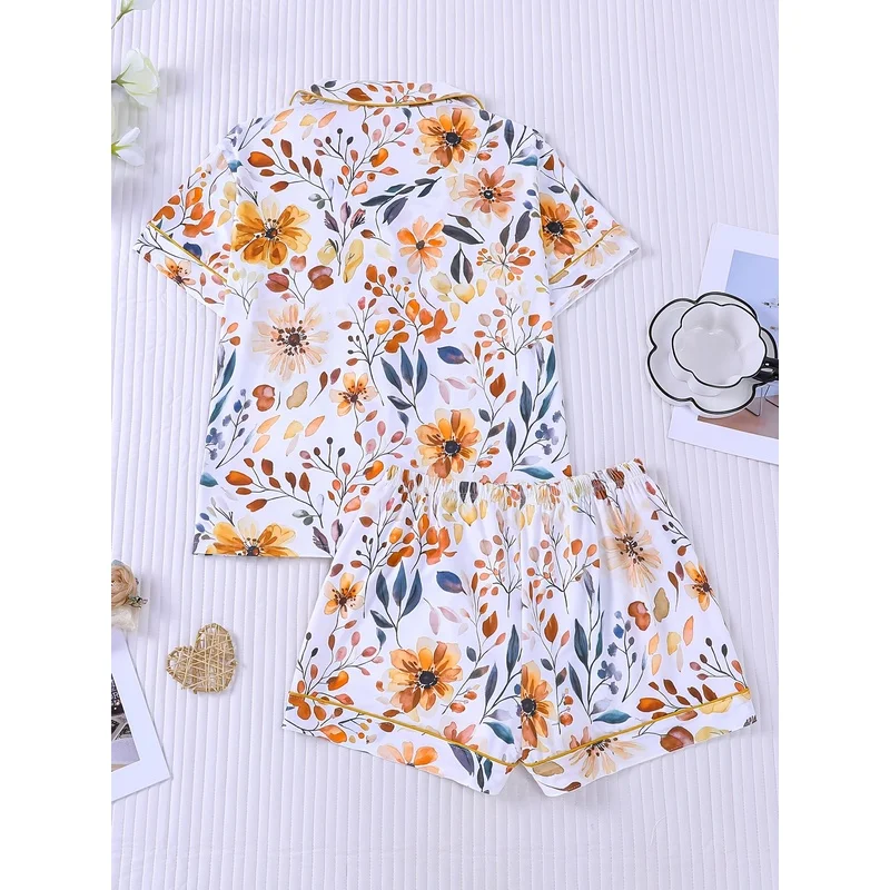 Women Sunflower Daisy Print Pajama Set Short Sleeve Button Up Top and Shorts Soft Sleepwear Comfy Loungewear Homewear Set