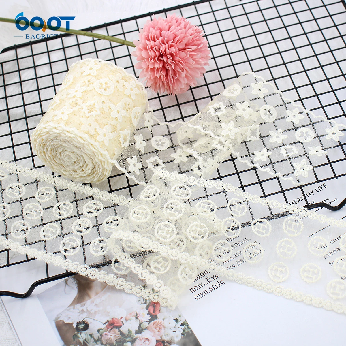 Delicate Mesh Embroidered Lace Ribbon 1Yards 22328-1 DIY Handmade Bow Headdress Gift Wrap Birthday Wedding Decoration Materials