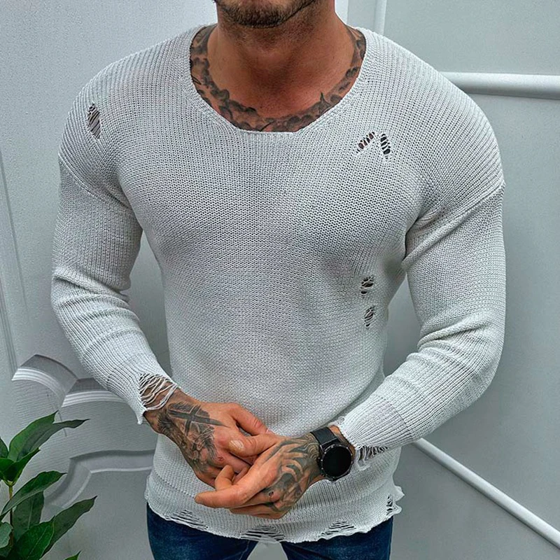 Vintage Ripped Design Knit Tops Men Spring Long Sleeve Slim Sweaters Casual Men\'s Clothing Fashion Solid Color Knitted Pullovers