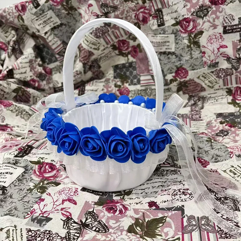 A satin bride's bouquet basket decorated with sapphire blue flowers, with a bow - a flower basket for weddings and events image 3